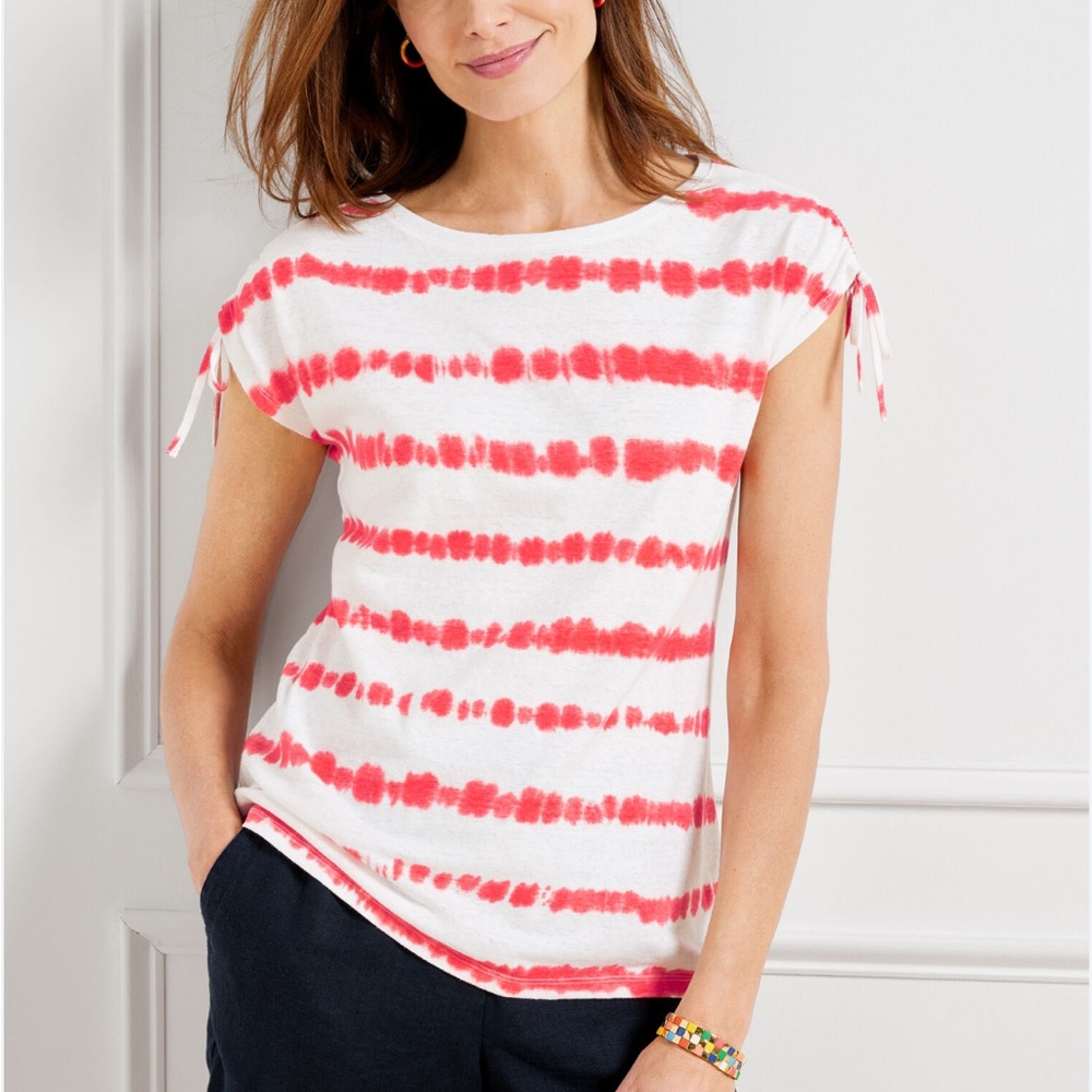 Talbots Cinched Shoulder Bataeu NeckTie Dye Stripe Linen T‎ Shirt Large